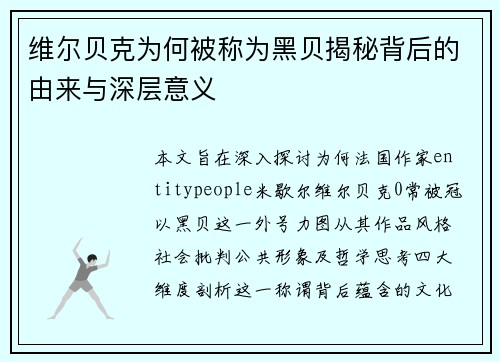 维尔贝克为何被称为黑贝揭秘背后的由来与深层意义 维尔贝克为何被称为黑贝揭秘背后的由来与深层意义