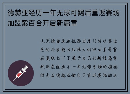 德赫亚经历一年无球可踢后重返赛场加盟紫百合开启新篇章 德赫亚经历一年无球可踢后重返赛场加盟紫百合开启新篇章